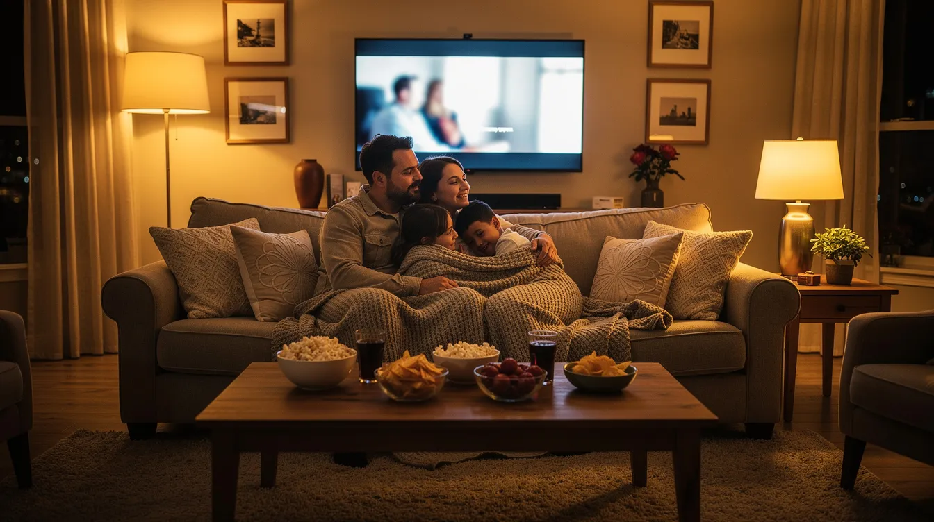 A family of four is gathered in a cozy living room, enjoying a movie on a large-screen smart TV, surrounded by warm lighting and snacks on the table. The scene captures the essence of quality family time while streaming their favorite shows and live TV channels, showcasing the benefits of reliable IPTV services for a premium streaming experience.
