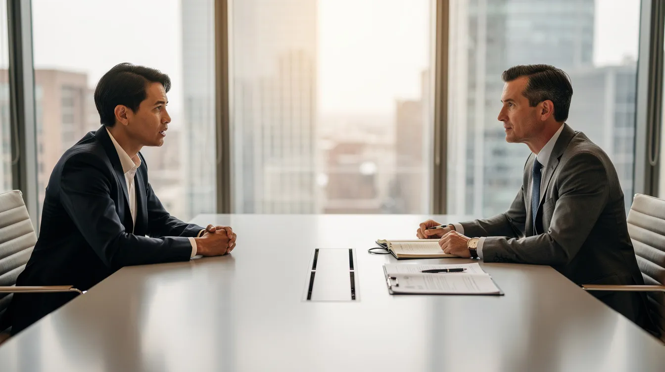 An individual is engaged in a discussion with a lawyer at a conference table, likely addressing a burn injury lawsuit. The setting suggests a focus on serious burn injuries, such as third and fourth degree burns, and the legal implications surrounding medical expenses and compensation for burn victims.