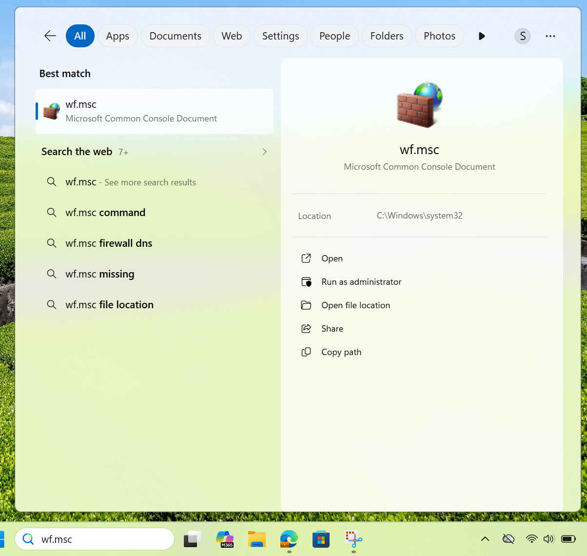 Search for wf.msc to open Windows Defender Firewall with Advanced Security.