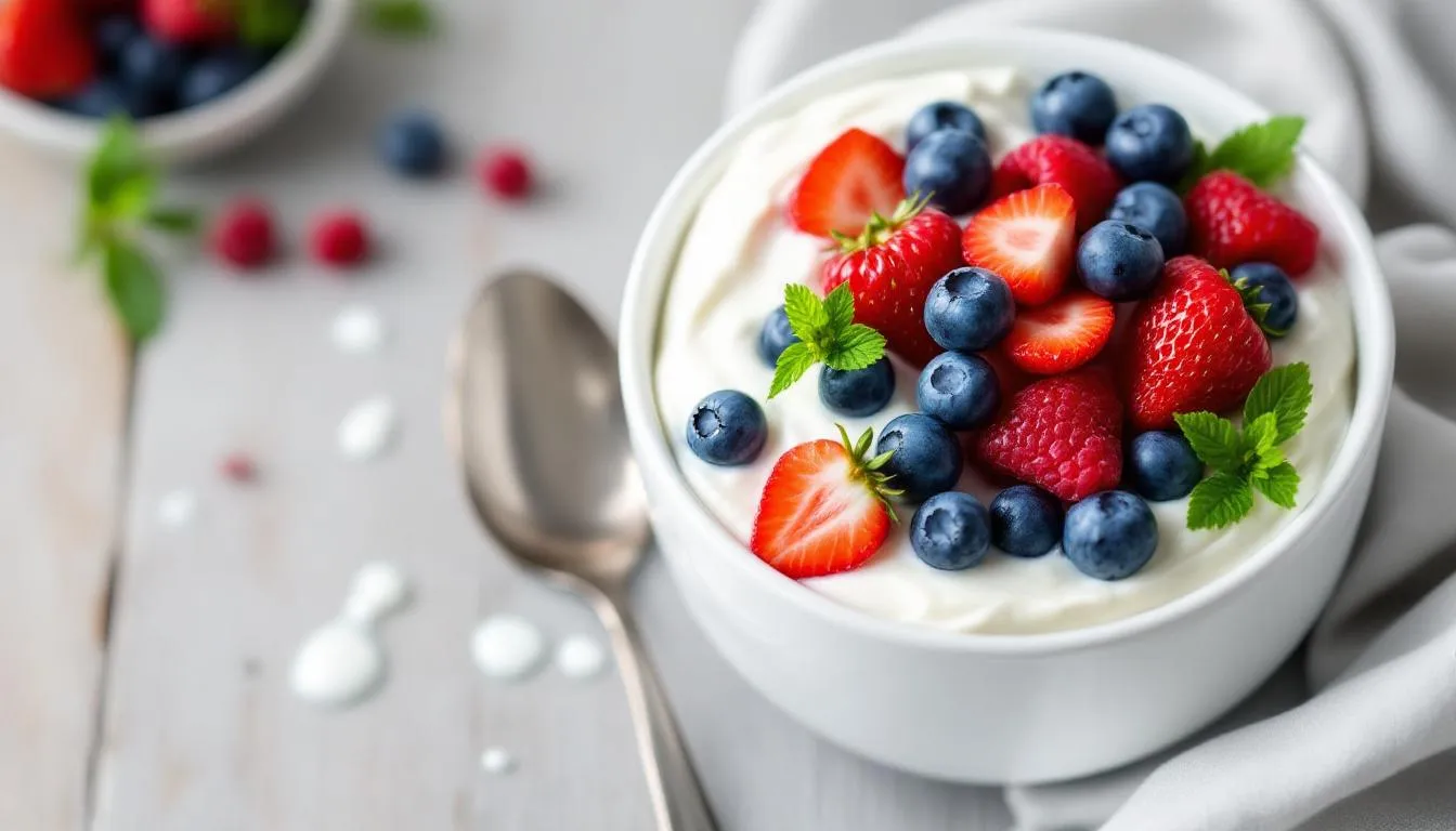 The image features a bowl of creamy Greek yogurt topped with a vibrant mix of fresh berries, showcasing a delicious and nutritious option that is high in protein. This protein-rich food is ideal for a balanced diet, offering essential amino acids to support muscle growth and overall health.