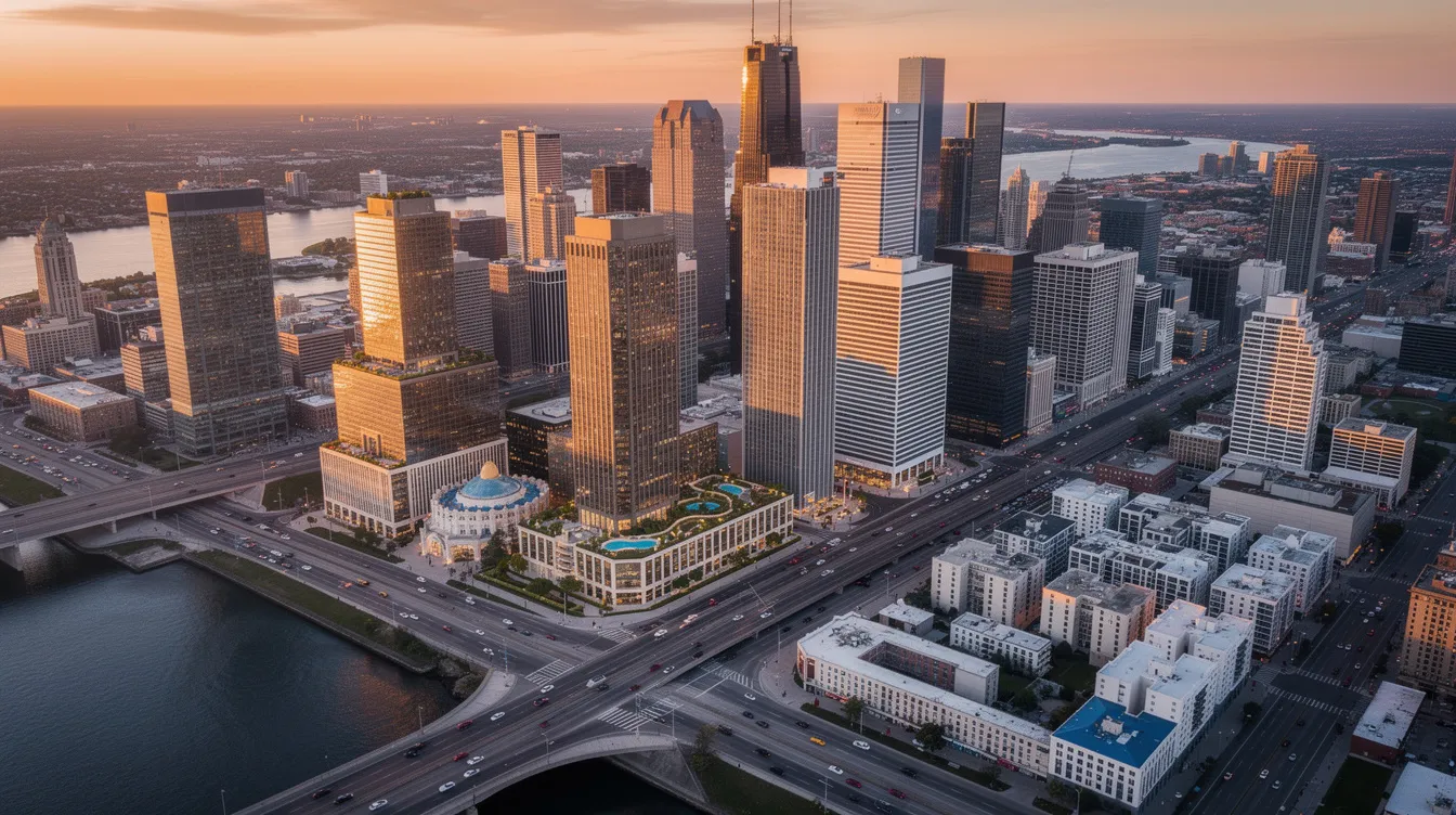An aerial view captures a vibrant US city skyline at sunset, showcasing the beauty of urban life while highlighting the regional cost differences in various cosmetic procedures like lipo 360 and tummy tuck. The scene reflects the aspirations of many seeking body contouring solutions to achieve their dream body amidst the backdrop of bustling city life.