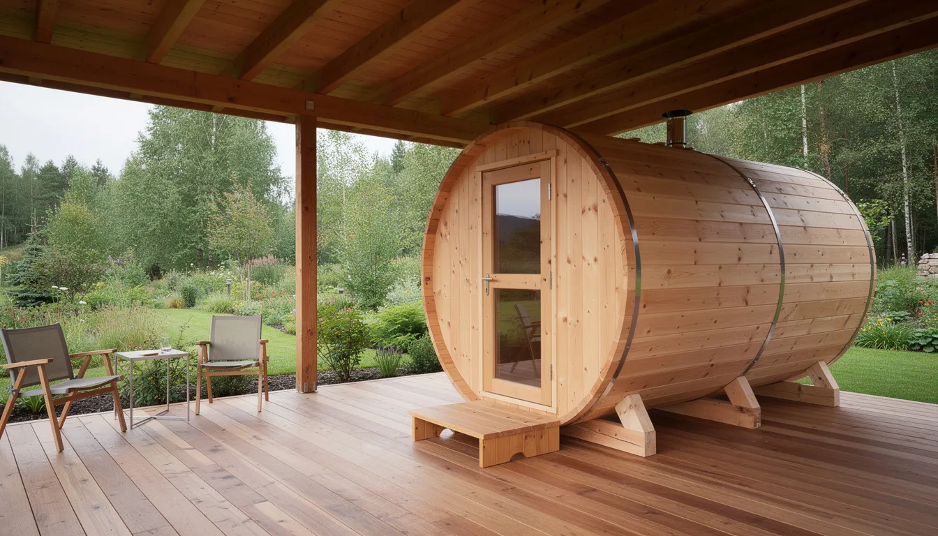 The image features a barrel sauna with a natural wood finish, situated on a covered deck that enhances its outdoor sauna experience. This setup showcases a harmonious blend of traditional sauna design and modern outdoor living, creating a serene atmosphere for relaxation and stress relief.