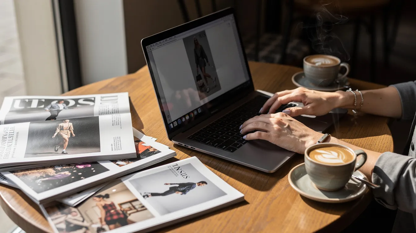 A person is seated at a desk, focused on their laptop while surrounded by fashion magazines and a steaming cup of coffee, suggesting an engaging workspace for managing a dropshipping business. The scene reflects a blend of creativity and productivity, perfect for someone running an online fashion store.