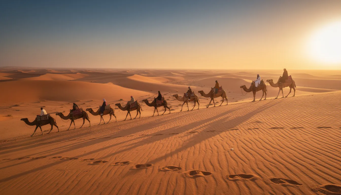 A camel caravan gracefully crosses the golden sand dunes of the Sahara Desert at sunset, with long shadows extending across the landscape. This tranquil scene captures the essence of a desert tour, evoking images of serene camel rides and the beauty of the Erg Chebbi dunes as the day comes to a close.