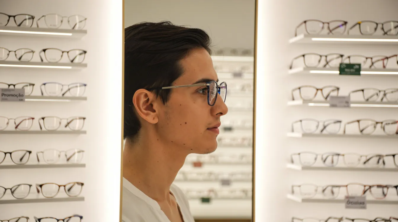 Uma pessoa está experimentando diferentes modelos de óculos em uma loja de ótica, em frente a um espelho, enquanto várias armações estão expostas ao fundo. A cena reflete a experiência de compra e a atenção ao conforto e estilo na escolha dos produtos.