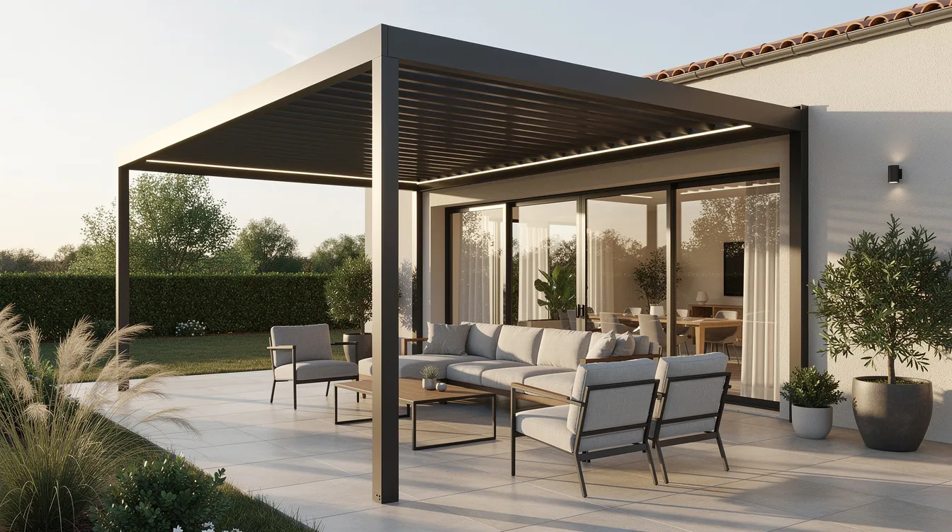 Une terrasse moderne équipée d'une pergola bioclimatique avec des lames orientables entrouvertes, offrant une protection contre le soleil et la pluie. Le mobilier de jardin contemporain complète cet espace extérieur haut de gamme, créant un cadre confortable et élégant.