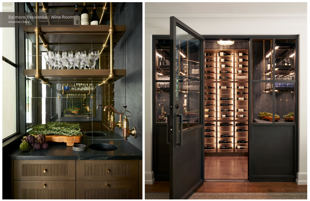 a well-lit wine room with brass hardware and glowing wine storage