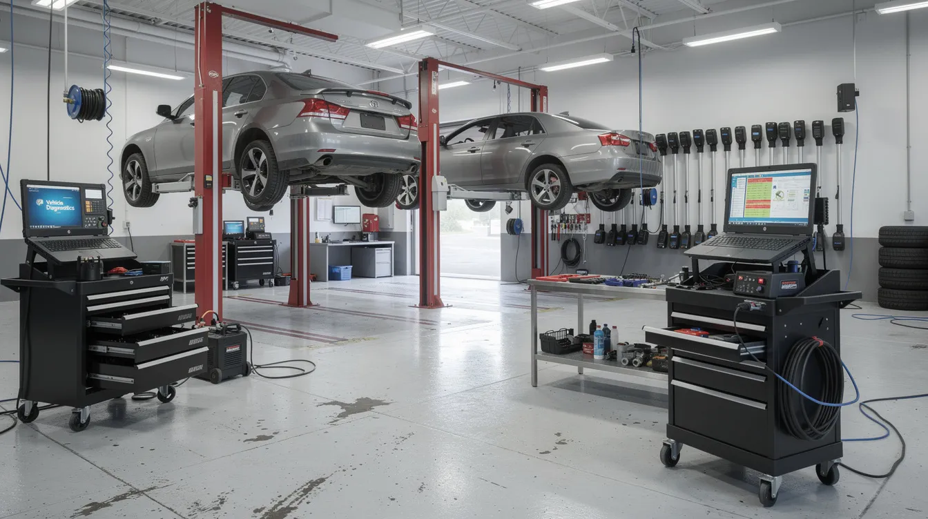 The image shows a well-equipped automotive repair shop featuring multiple automotive lifts and diagnostic equipment. This setting is essential for mechanics to evaluate vehicles and ensure they have the right coverage and protection, emphasizing the importance of regular insurance policy reviews and identifying any coverage gaps for clients' business insurance needs.