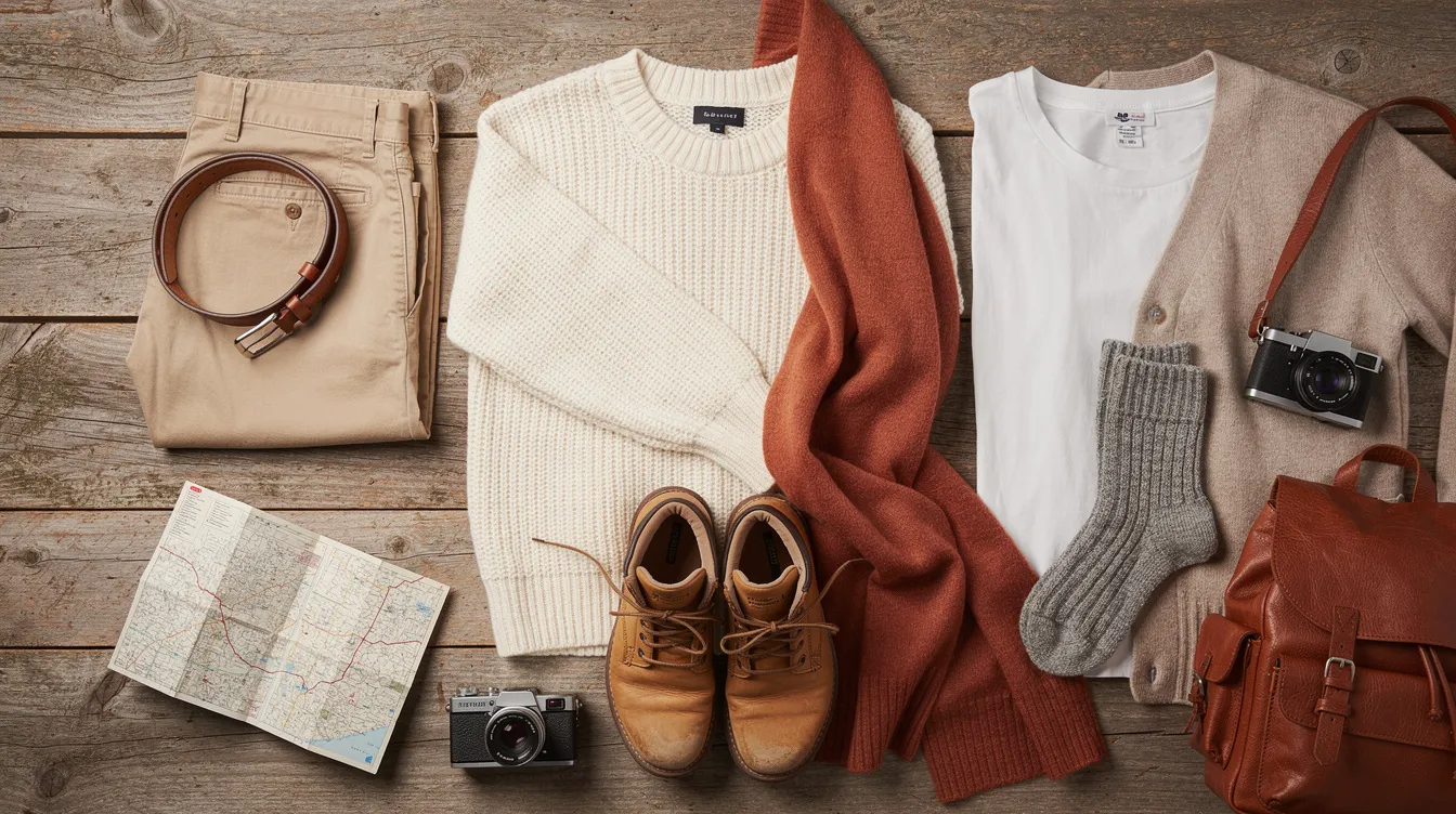 A flat lay displays a collection of fall road trip clothing in neutral tones, including a cozy rust scarf, versatile t-shirts, and sturdy hiking boots, all arranged to emphasize smart packing strategies for a weekend trip. Essential items like a reusable water bottle and packing cubes suggest a focus on packing efficiently for adventures ahead.