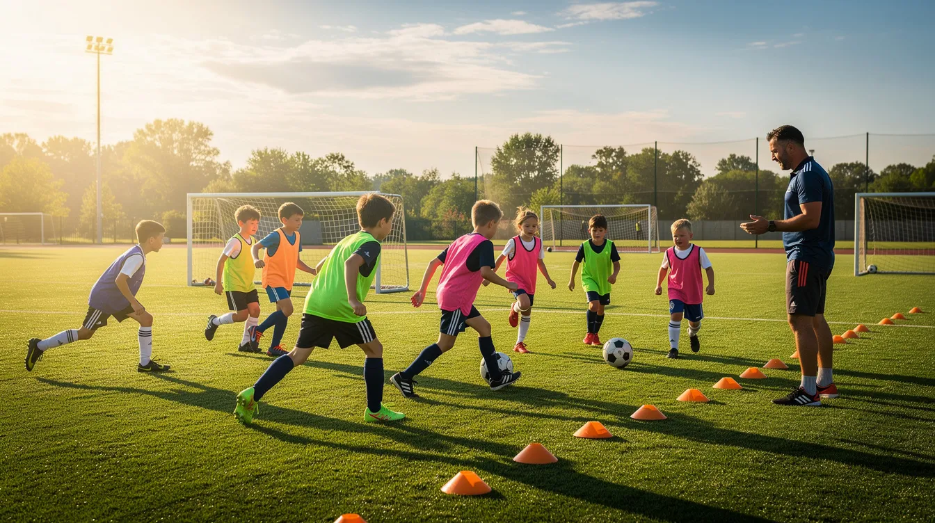 A group of youth soccer players is warming up on a vibrant green field during a sunny morning practice session, showcasing their enthusiasm for the sport. This scene captures the essence of youth sports, emphasizing teamwork and preparation for upcoming games.