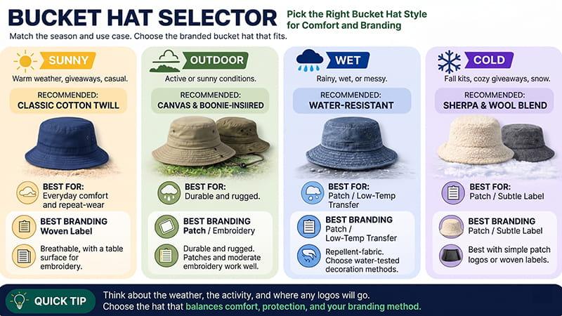 Bucket hat selector infographic showing recommended bucket hat styles for sunny, outdoor, wet, and cold conditions.
