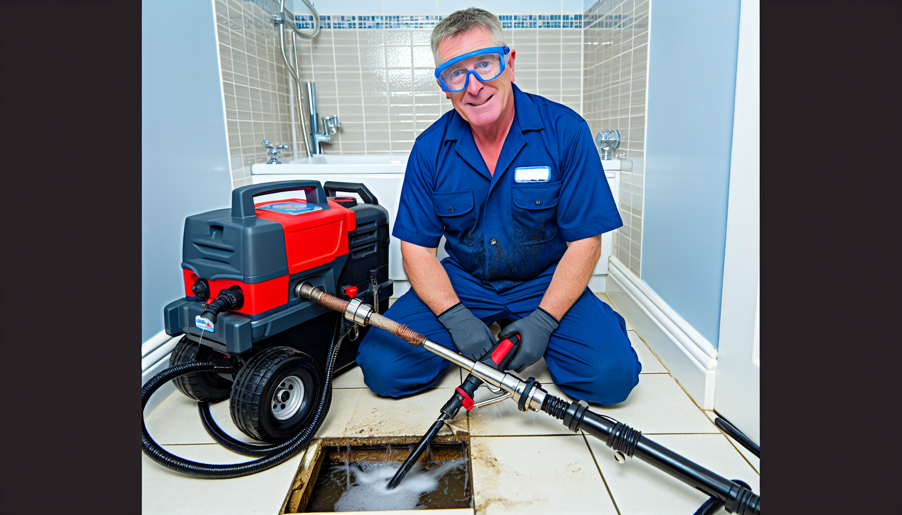 Professional plumber using hydro jetting to clear a drain