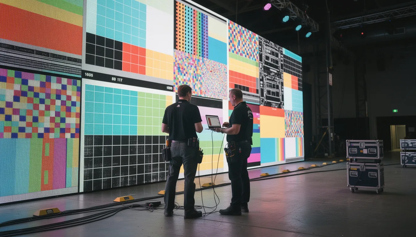 AV technicians are seen testing a large LED video wall display, ensuring it functions properly before an upcoming event. The setup includes multiple screens, showcasing vibrant visuals and digital signage, highlighting the team's commitment to delivering high-quality visual solutions for event organizers.