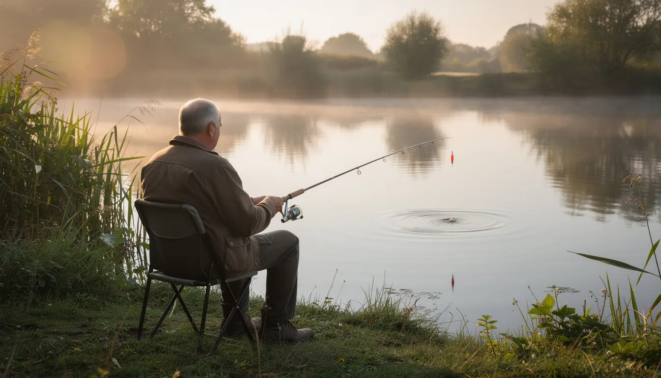 Na zdjęciu wędkarz siedzi nad spokojnym stawem, trzymając wędkę spławikową, a spławik unosi się na tafli wody. W tle widać otaczającą przyrodę, co tworzy idealne warunki do wędkarstwa spławikowego i łowienia ryb.