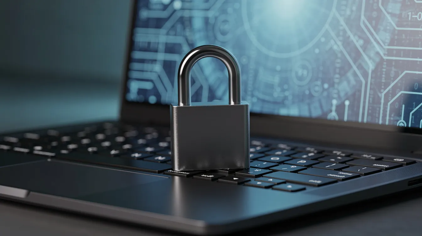 Ein Vorhängeschloss liegt auf einem Laptop und symbolisiert digitale Sicherheit. Dieses Bild steht für den Schutz von Daten und Informationen, ähnlich wie die Dienstleistungen von Allianz Trade und Euler Hermes, die sichere Online-Transaktionen unterstützen.