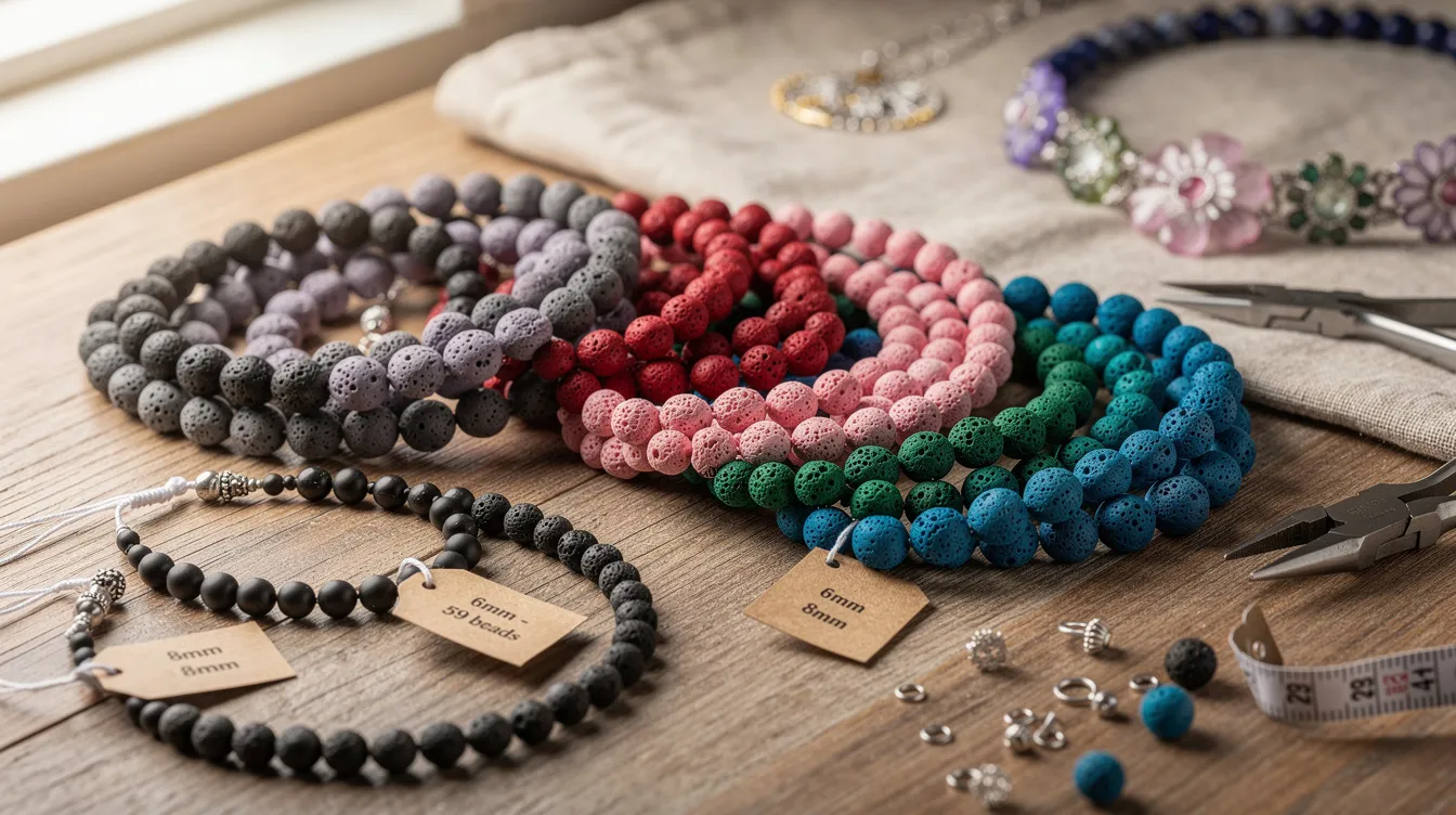 The image showcases a variety of colorful lava stone beads, highlighting their unique irregular surfaces and naturally formed voids. Available in sizes like 6mm and 8mm, these grounding stones are perfect for creating personalized jewellery designs, such as birthstone and flower necklaces.
