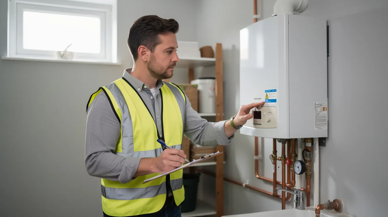 An energy assessor is inspecting a boiler in a residential property, holding a clipboard to evaluate the home's energy efficiency. This assessment is crucial for determining the property's energy performance certificate (EPC) rating and identifying potential improvements to reduce energy bills and carbon emissions.