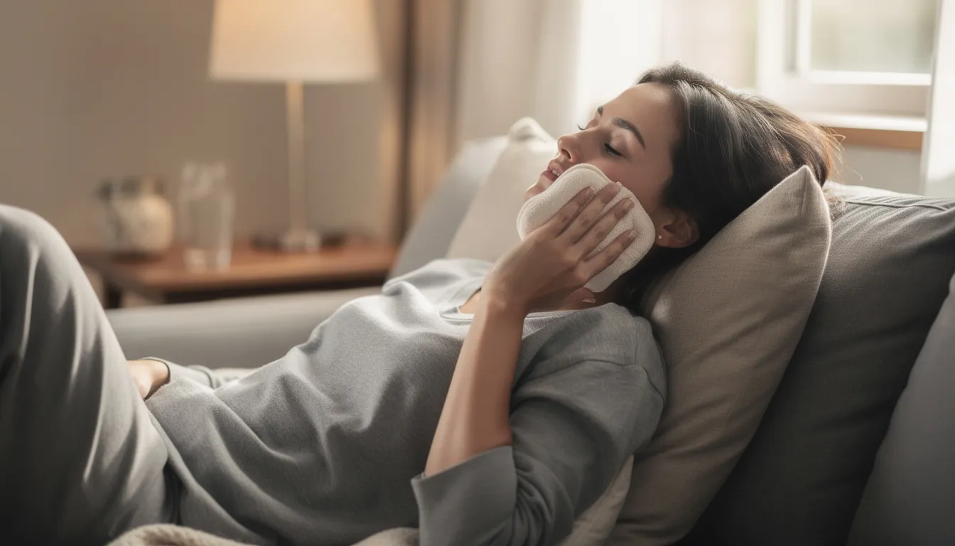 A person is resting comfortably on a couch, gently holding a wrapped ice pack against their cheek to reduce swelling after oral surgery. This scene emphasizes the importance of rest and care during the healing process following a surgical procedure like tooth extraction.
