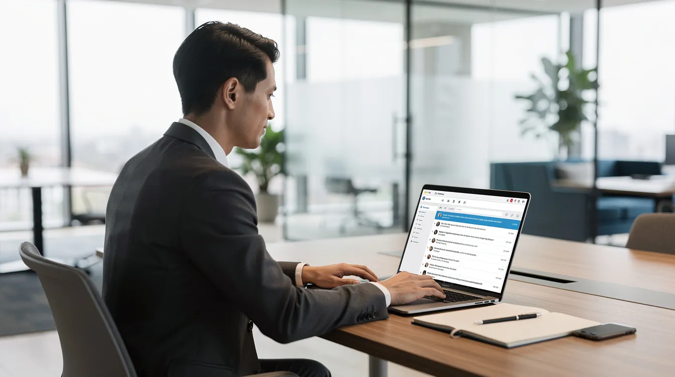 A professional individual is seated at a modern office desk, focused on checking their inbox on a laptop. The scene reflects a workspace conducive to member engagement and effective email marketing strategies, highlighting the importance of personalized messages and relevant content in maintaining strong member relationships.