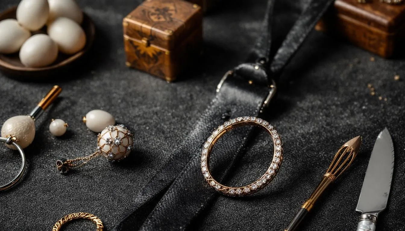 Na obrazie widoczne są eleganckie męskie akcesoria, idealne na rocznicę ślubu, takie jak stylowe spinki do mankietów, luksusowy zegarek oraz klasyczny pasek. Te wyjątkowe prezenty stanowią doskonały sposób na uczczenie wspólnych chwil i miłości małżonków.