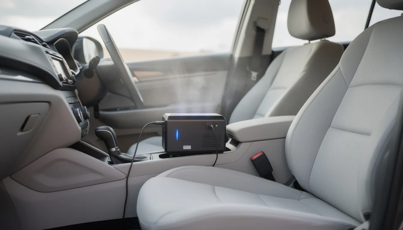 An ozone generator machine is positioned inside a vehicle's interior, actively engaged in the odor removal process to eliminate stubborn odors such as smoke and pet smells. This specialized equipment penetrates deep into the fabrics and surfaces, ensuring complete odor removal and restoring a fresh environment in the cabin.