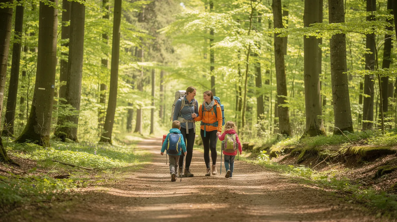 Eine Familie mit Kindern wandert fröhlich auf einem breiten Waldweg durch einen grünen Buchenwald, umgeben von der vielfältigen Natur des Sauerlands. Diese Szene zeigt die Freude am Wandern und die Erlebnisse in der idyllischen Mittelgebirgsregion Nordrhein-Westfalen.