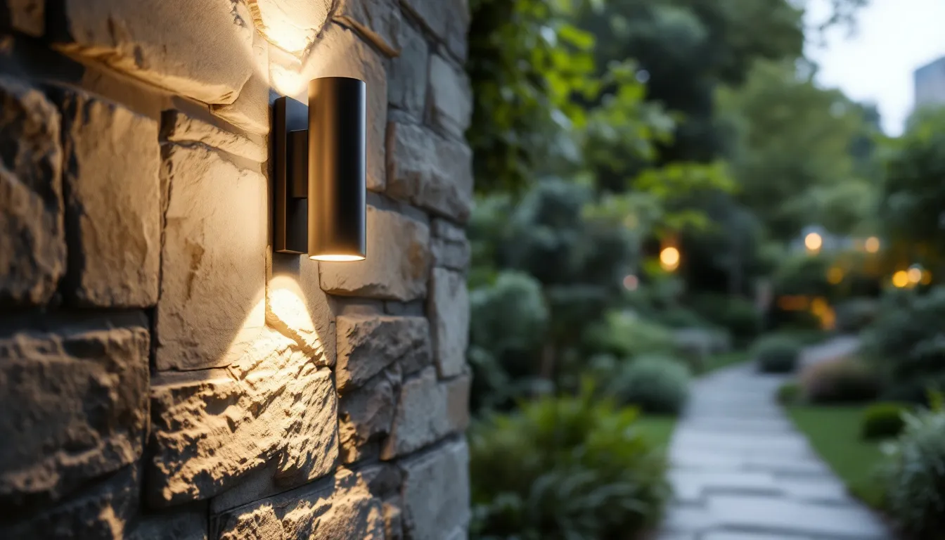 An outdoor wall sconce LED illuminating a garden path.