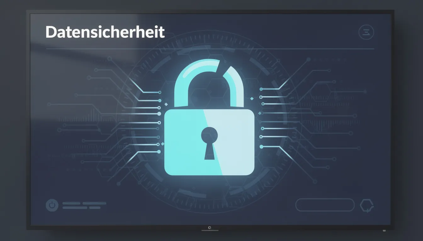 Auf dem digitalen Bildschirm ist ein Schloss-Symbol zu sehen, das für Datensicherheit steht. Es symbolisiert den Schutz personenbezogener Daten und die Einhaltung der Datenschutzgrundverordnung (DSGVO) in Unternehmen.