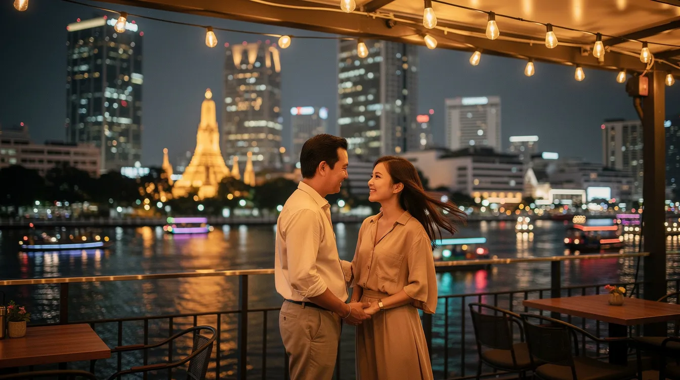 A imagem retrata um casal desfrutando de sua lua de mel em Bangkok, cercado por paisagens urbanas vibrantes e templos impressionantes. Eles estão sorrindo enquanto exploram os destinos turísticos da cidade, simbolizando a alegria e a diversidade da experiência de hospedagem na Tailândia.