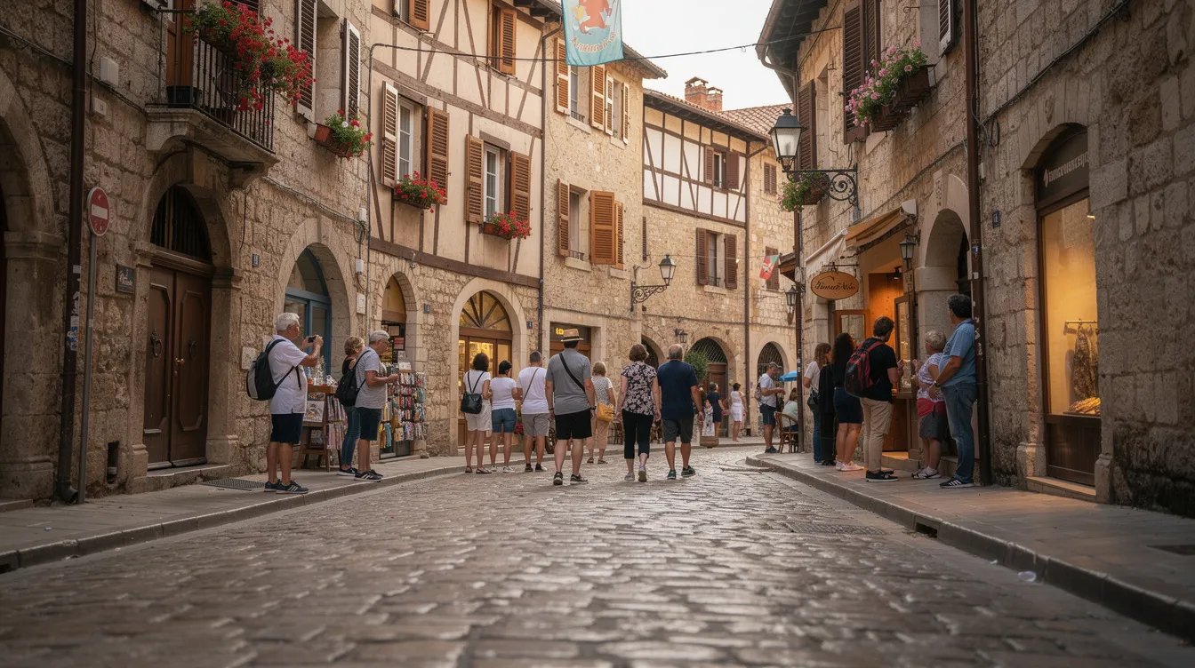 Imagem de uma rua de pedra em um centro histórico europeu, com arquitetura medieval, onde visitantes caminham e exploram a cultura local. O cenário evoca a atmosfera encantadora de cidades como as da Croácia, com suas edificações que remontam ao século XIV.