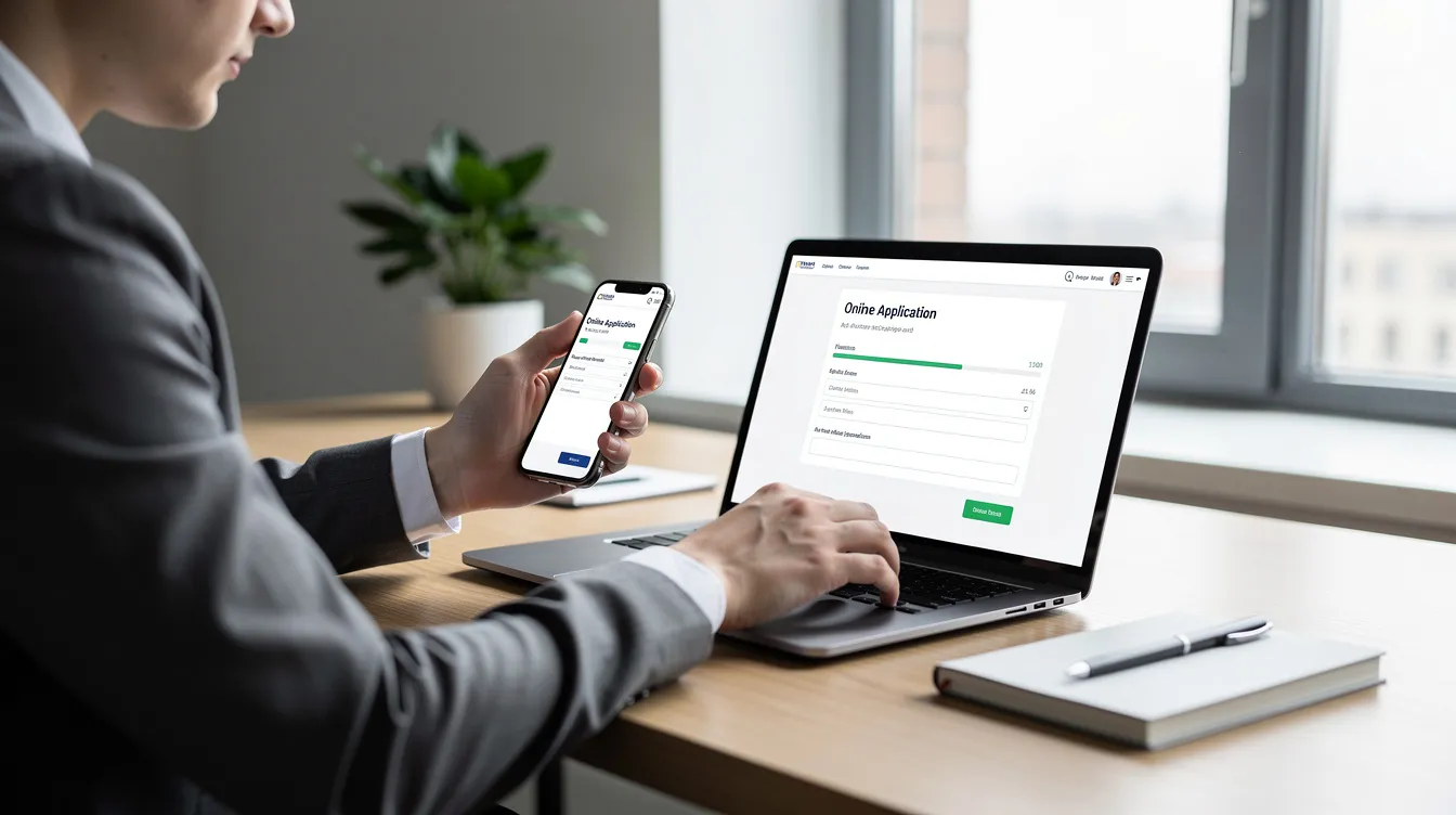 A person is seated at a modern office desk, using a smartphone in one hand and typing on a laptop with the other, focused on completing an online loan application. The workspace is well-organized, reflecting a professional atmosphere conducive to processing 中小企業 貸款 and other financing options.
