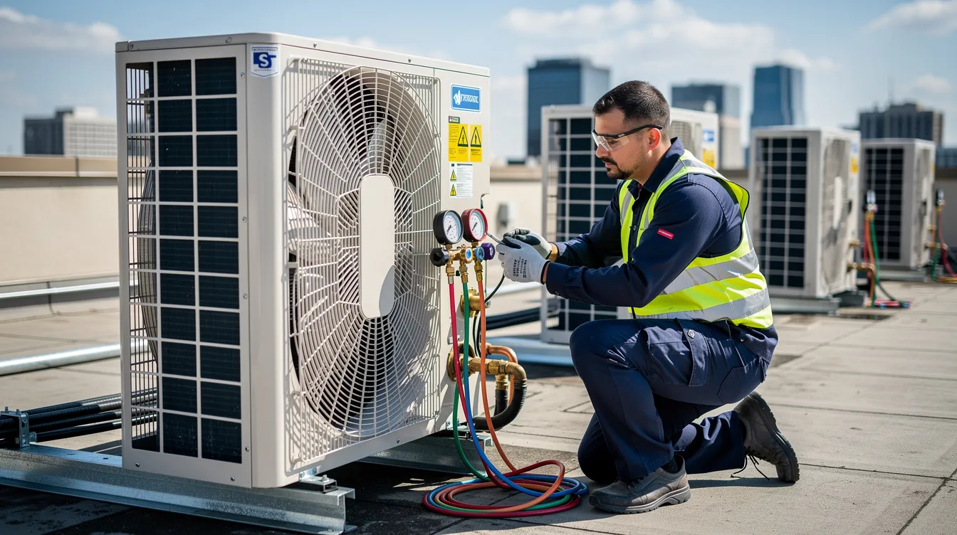 A commercial air conditioning technician is seen servicing a large outdoor condensing unit, showcasing their expertise in maintaining and repairing air conditioning systems. This professional is dedicated to ensuring the air conditioner operates efficiently, providing the best service for businesses in Cape Town and Stellenbosch.