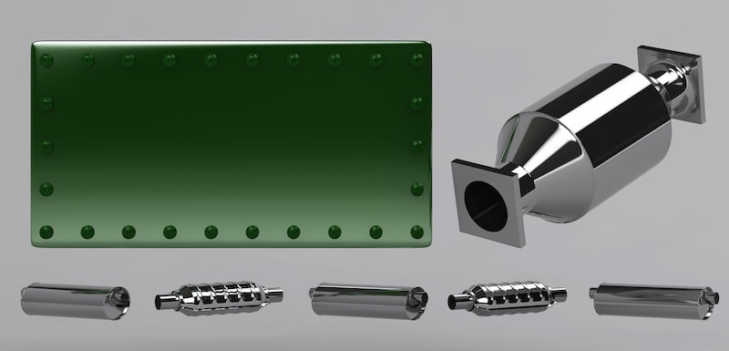 Different types of catalytic converters displayed in a digital rendering. Learn about emissions-reducing technology and find the right catalytic converter for your Toyota at AutoFair Toyota of Tewksbury.