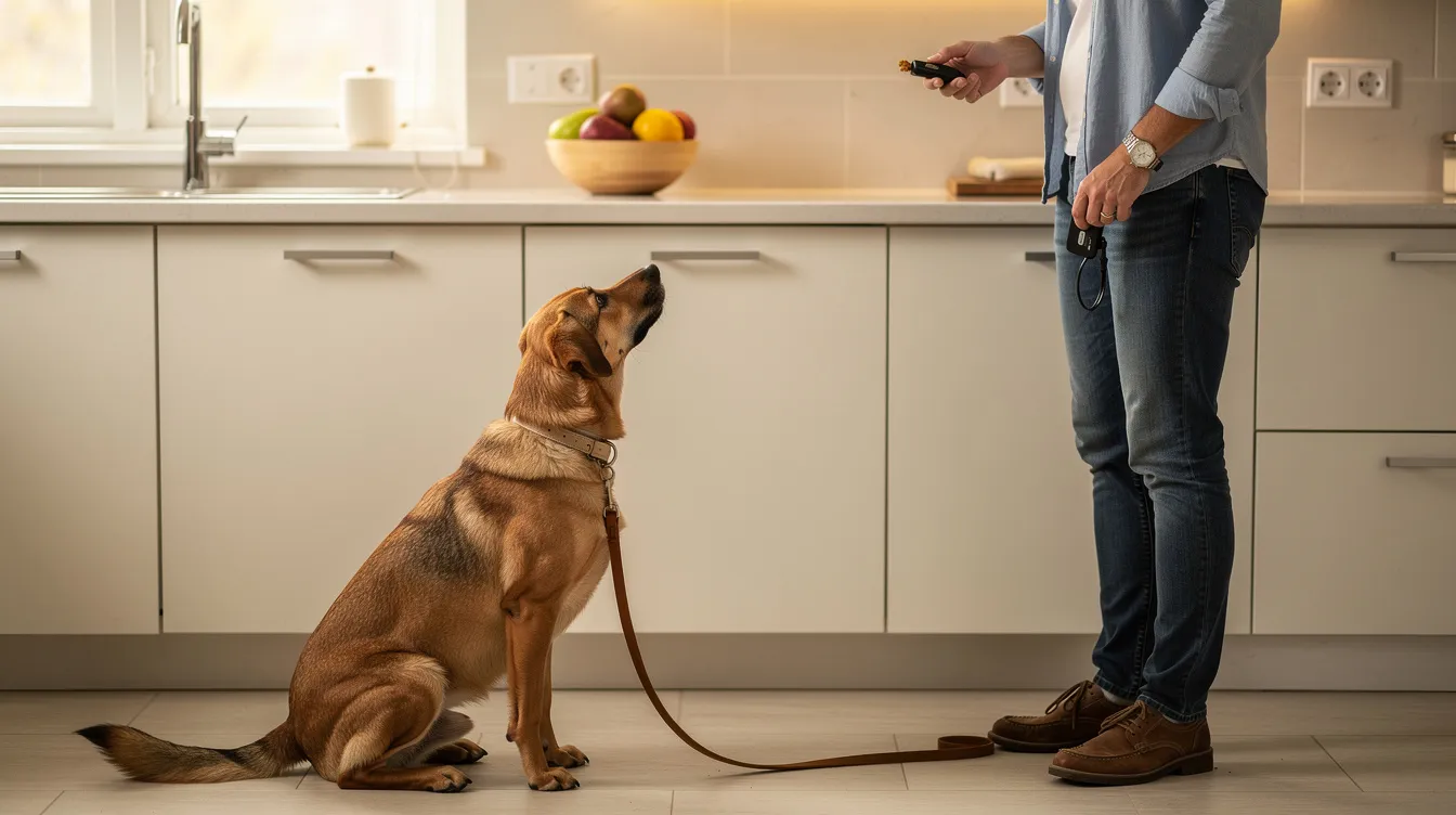 The image depicts a well-trained dog sitting calmly on a dog bed, with a clear kitchen counter in the background, illustrating the concept of preventing counter surfing. The scene emphasizes the importance of training methods, such as clicker training and impulse control, to help dog owners manage their pets' behavior around tempting human food.