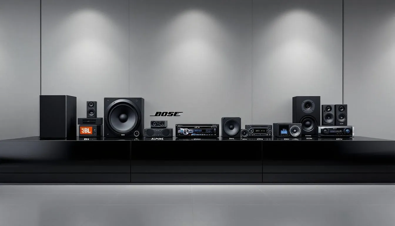 The image showcases a variety of car audio brand logos and product displays, highlighting a range of sound systems designed to enhance a vehicle's audio system with superior performance and deep bass. Each display reflects the commitment to quality and innovation in car audio gear, aimed at audiophiles looking to upgrade their music experience on the road.