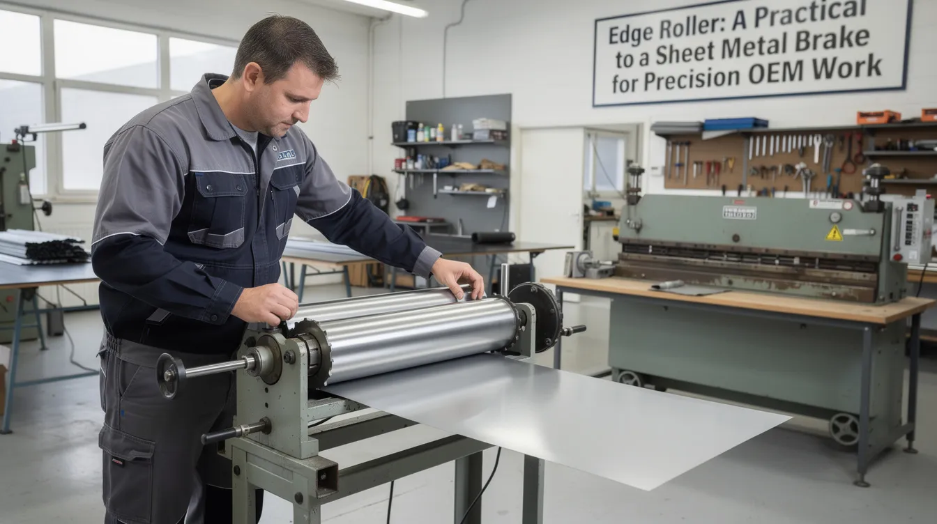 The image depicts an edge roller, a practical tool designed for precision OEM work, showcasing its rollers and throat depth features. This tool is an efficient alternative to a sheet metal brake, allowing users to create clean edges on materials while saving time and money.