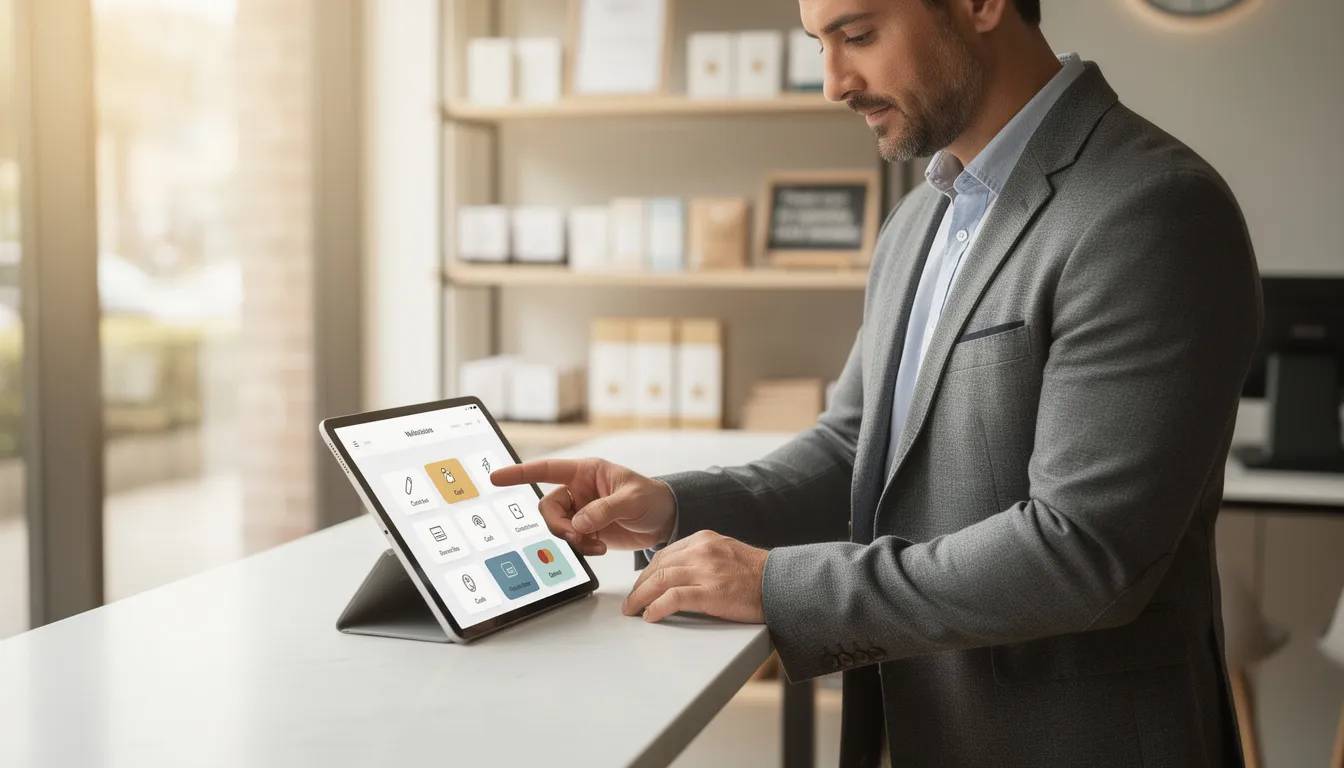 A business owner is seen reviewing various payment options on a tablet device, considering different payment gateway providers to accept payments for their online store. The image highlights the importance of selecting the right payment gateway solution that supports multiple payment methods, including credit and debit cards, to meet customers' preferred payment methods.