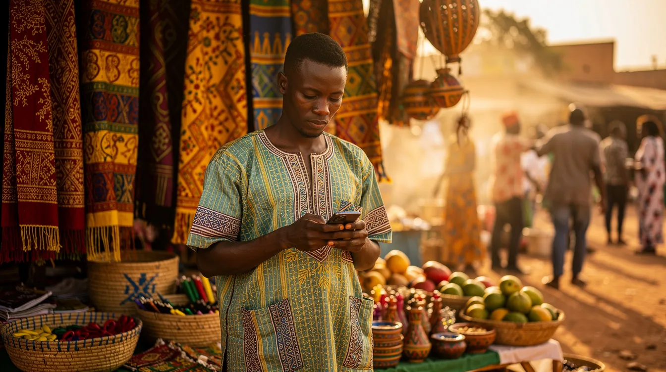 A person is using a smartphone to access mobile money services at an outdoor market stall in Senegal, surrounded by vibrant fabrics and various goods. The scene highlights the convenience of mobile wallets in Senegal for sending money and making transactions while shopping.
