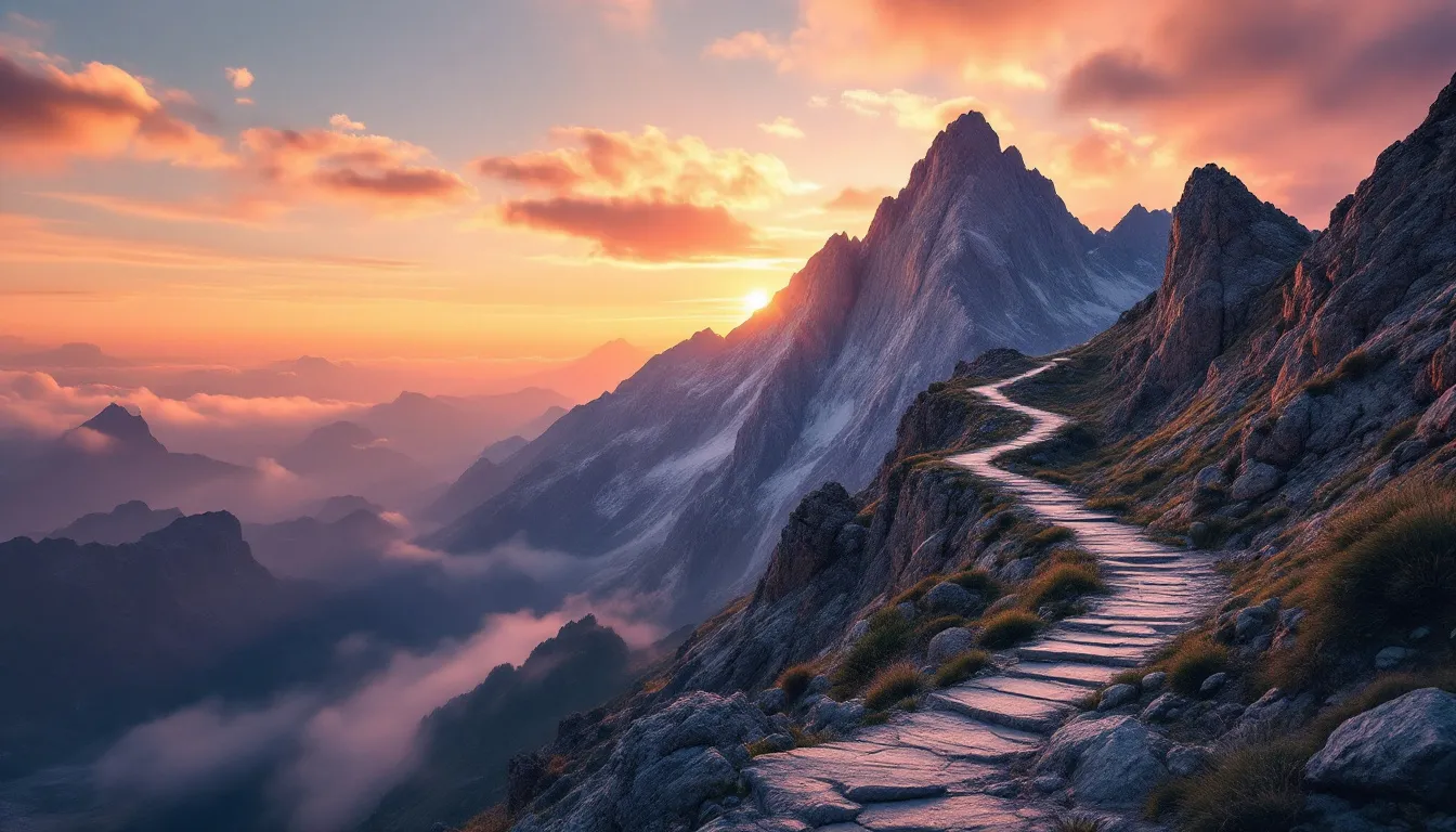 The image depicts a breathtaking mountain landscape bathed in the warm hues of sunrise, symbolizing the journey of overcoming obstacles and achieving financial breakthroughs through faith in the Lord Almighty. This serene scene reflects the glory in Christ Jesus and the abundant prosperity that comes from God's word and promises.