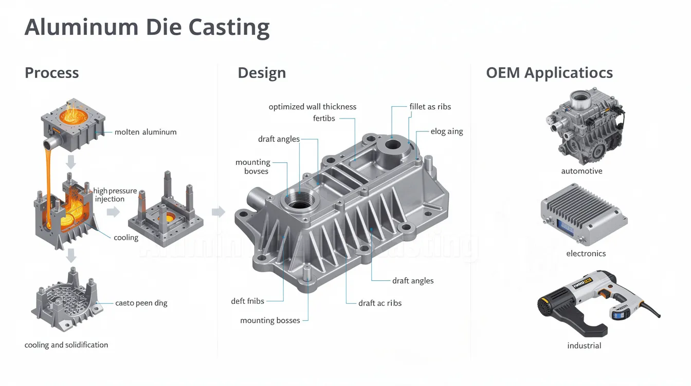 The image illustrates the aluminum die casting process, showcasing die casting machines that inject molten aluminum into casting dies to create complex shapes with high dimensional stability. This manufacturing process is essential for producing durable, corrosion-resistant aluminum parts used in various applications, including automotive engine blocks and aerospace components.