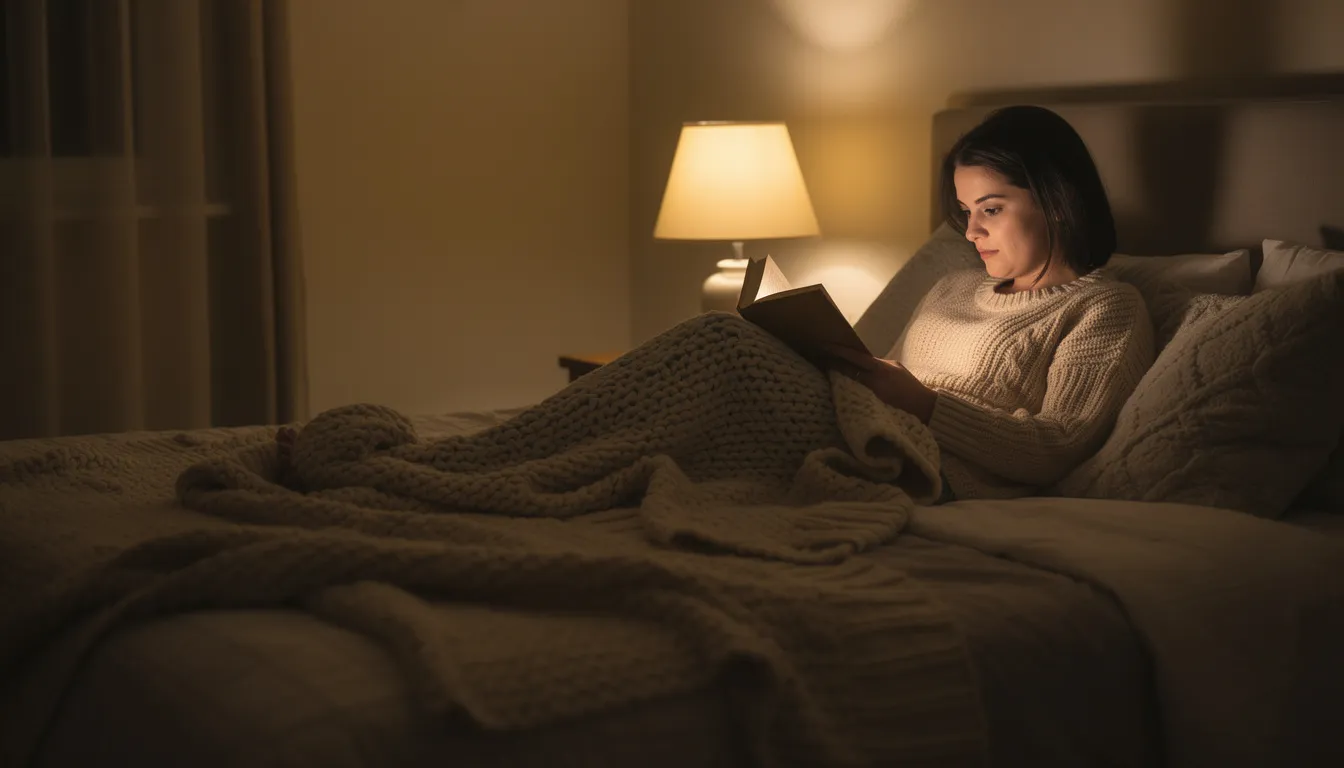 A person is comfortably nestled in blankets, reading a book under the warm light of a lamp in a dimly lit room, creating a relaxing atmosphere that promotes better sleep and mental health. This serene setting emphasizes the importance of a good night's sleep and suggests the use of natural sleep aids for improved sleep quality.