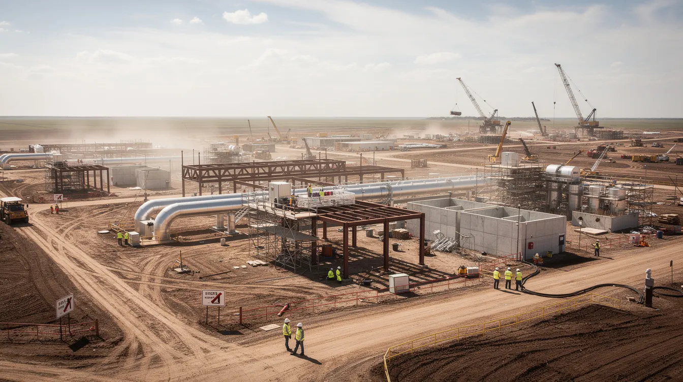 The image depicts construction workers actively engaged on a large renewable energy project site, surrounded by heavy equipment and partially constructed infrastructure on cleared land. This scene illustrates the development phase of utility-scale renewable energy projects, highlighting the ongoing efforts in the energy sector to enhance renewable energy generation.