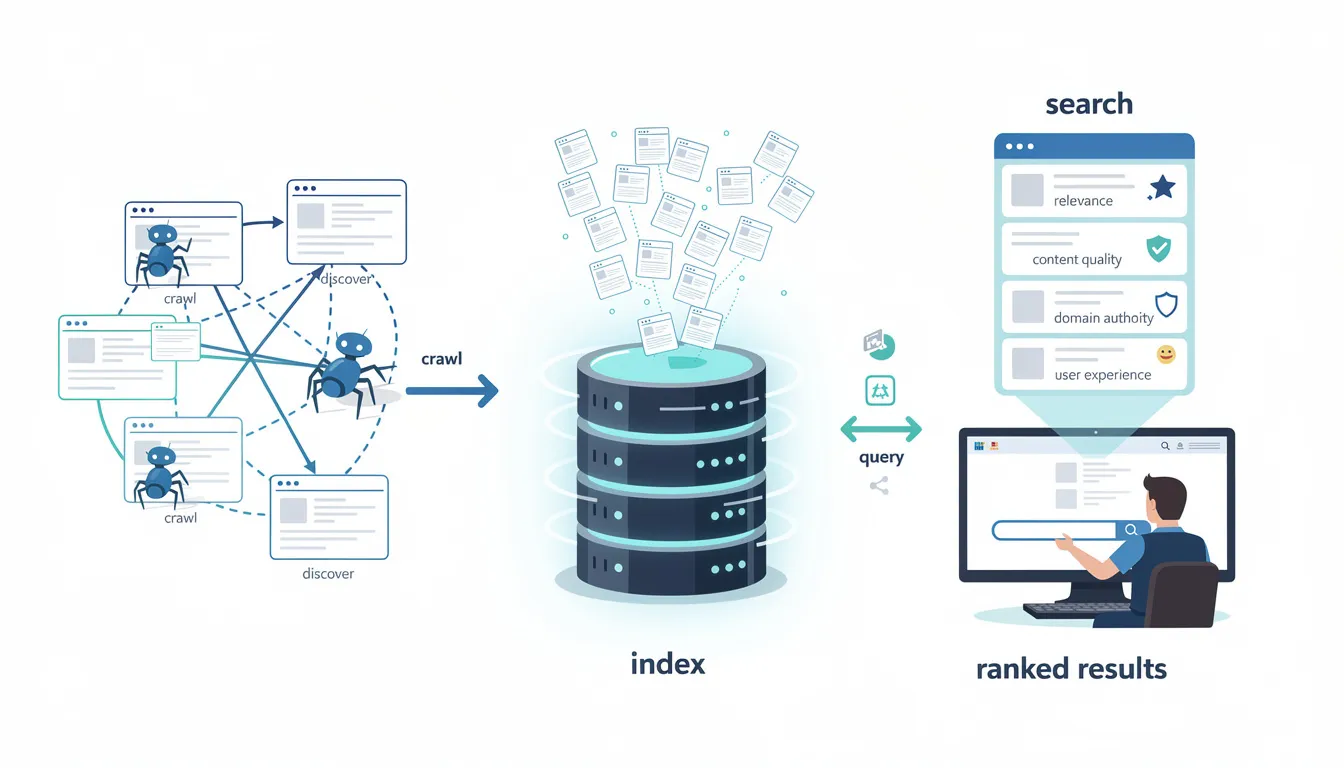 An infographic illustrating how search engines work, showcasing the process of crawling the web with automated bots or spiders, indexing web pages, and retrieving search results based on factors like relevance and content quality. Key concepts such as search engine optimization (SEO), search queries, and search engine rankings are highlighted to emphasize the importance of SEO strategy in digital marketing.
