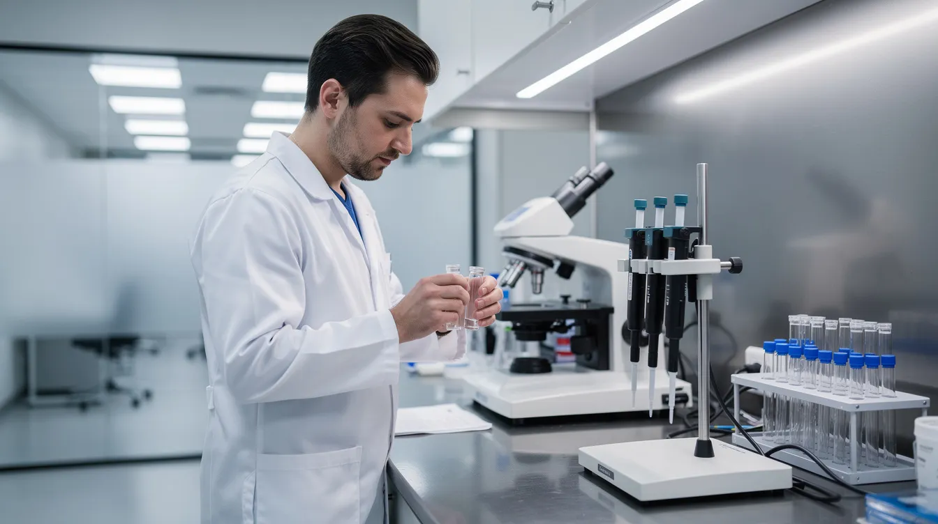 A laboratory technician in a white coat is carefully examining glass vials and testing equipment in a clean, modern lab. This setting emphasizes the importance of compliance with cannabis management regulations, particularly regarding the legal status of THCA products in New York.