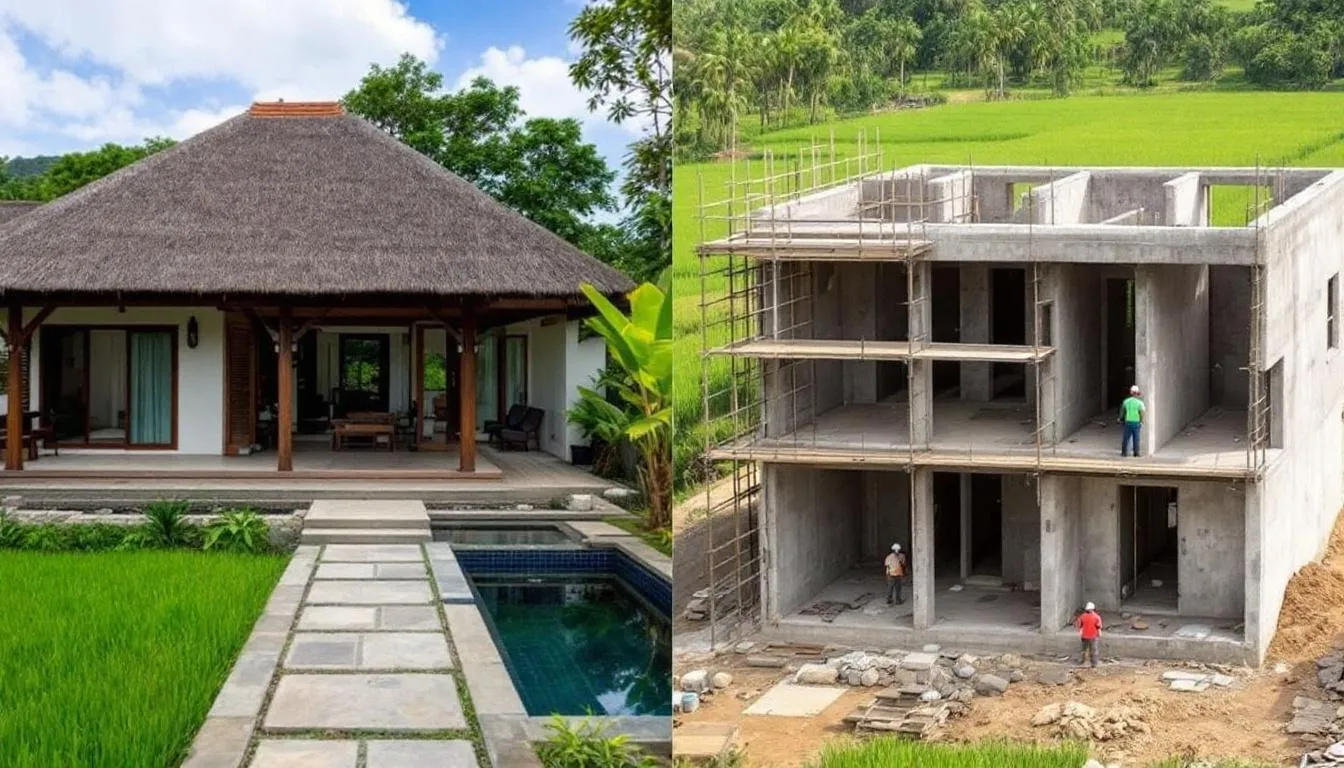 The image contrasts a completed villa with a villa under construction in Bali, showcasing the innovative designs and varying stages of off plan properties. The ready-built villa features a private pool, while the in-progress villa highlights the potential for future homes in this tropical paradise.