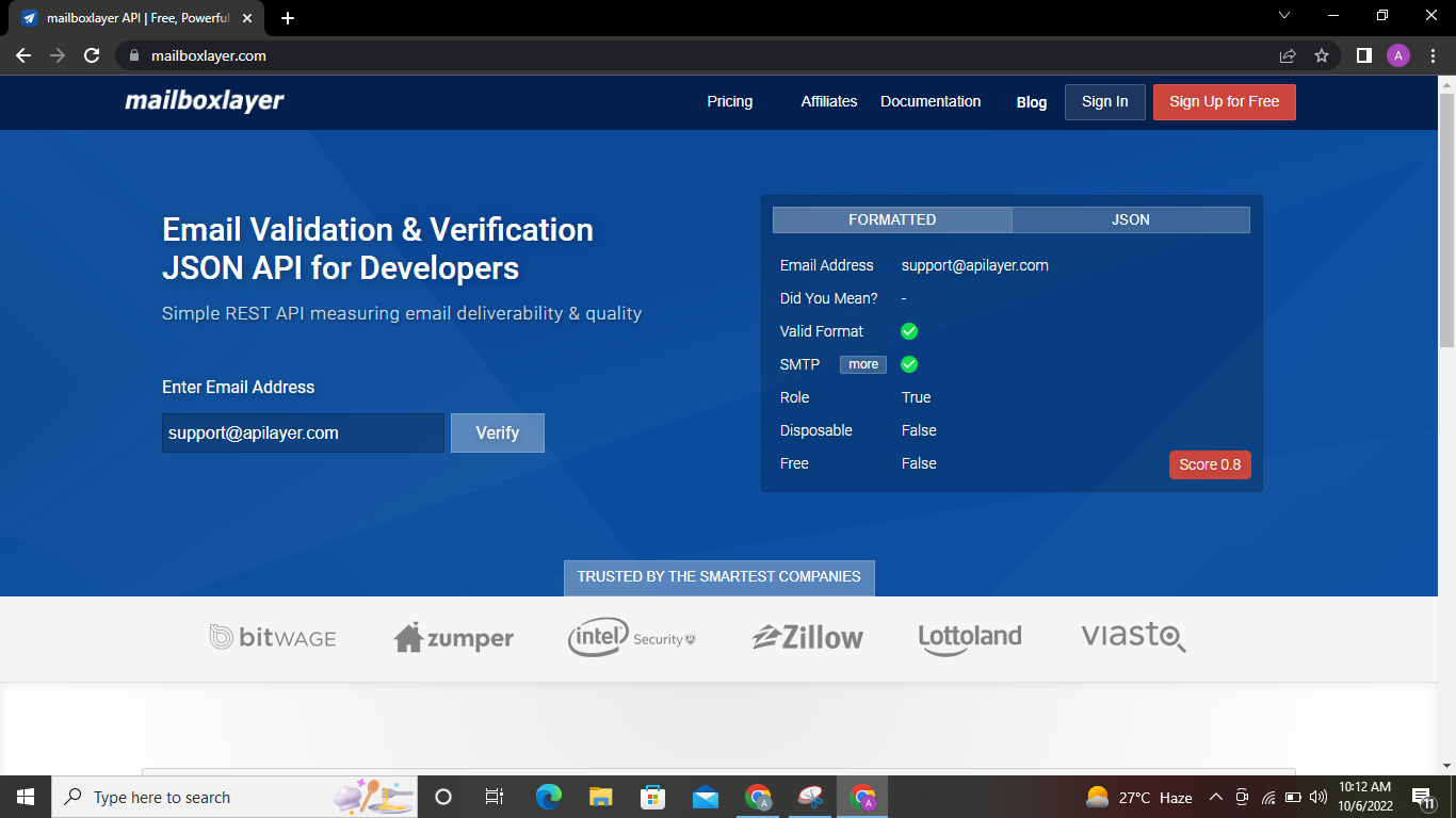 Mailboxlayer email program validator