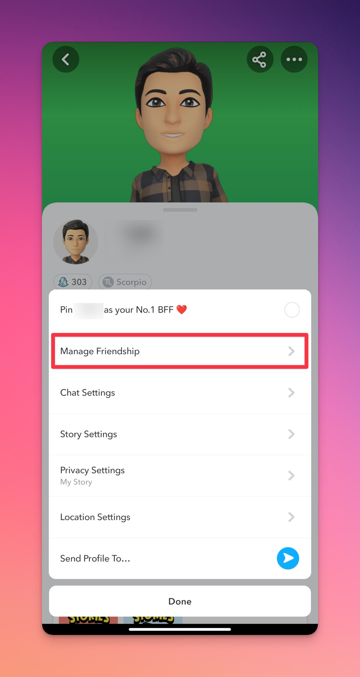 Remote.tools highlights the Manage friendship section on someone's snapchat profile