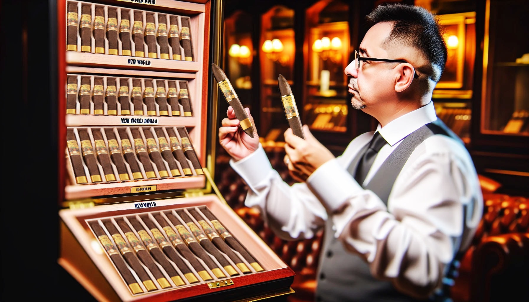 A person carefully selecting a New World Dorado cigar from a humidor