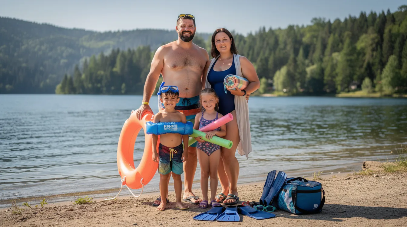 A family stands by a serene lake, equipped with swimming gear and a bright yellow safety buoy, ready for a day of fun in the water. This picturesque scene captures the joy of family life and could serve as a wonderful backdrop for thoughtful father's day gift ideas.