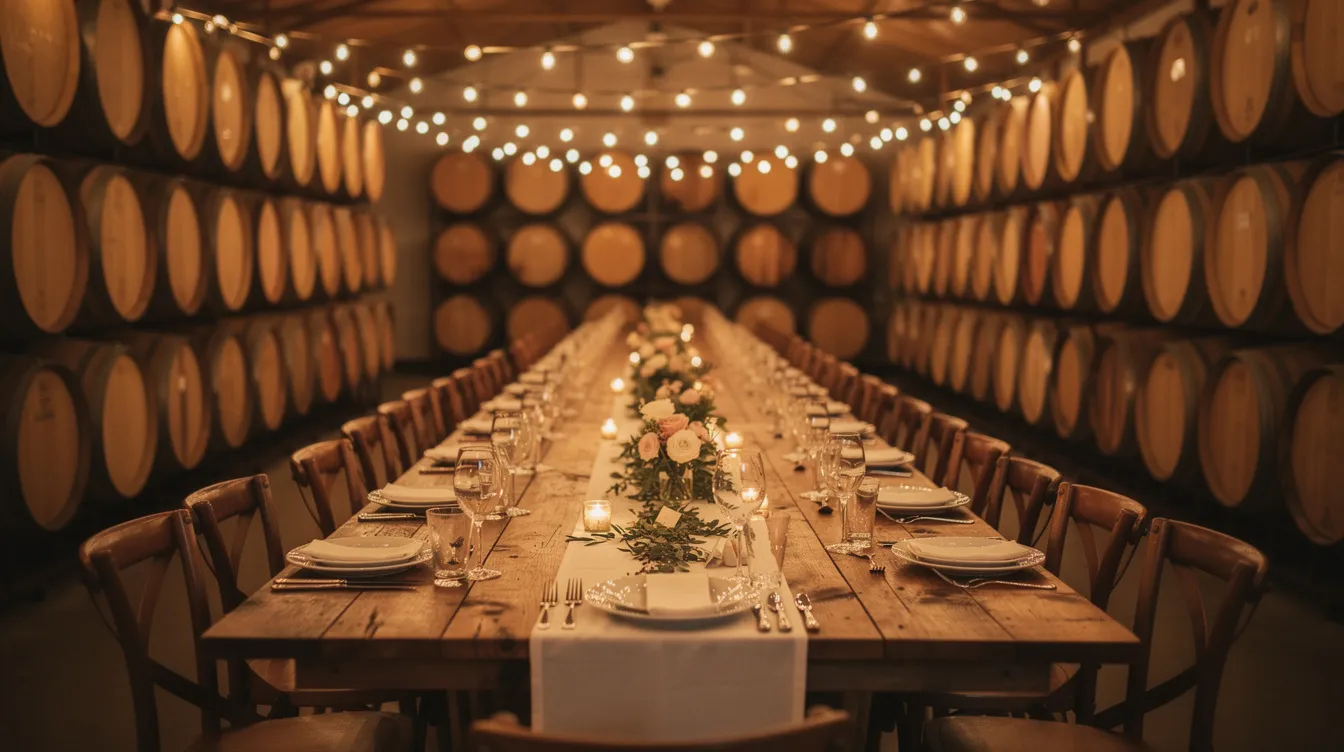 The image depicts a rustic barrel room adorned with twinkling string lights, where long wooden tables are elegantly set for a vineyard wedding reception dinner. The warm ambiance and charming decor create a beautiful setting for an intimate celebration among family and friends.